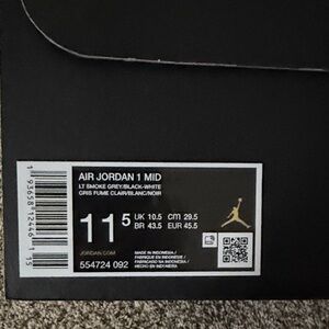 Jordan Air 1 Mid - Light Smoke Grey, Black, White size 11.5
